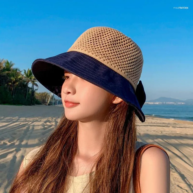 Wide Brim Hats 2023 Bow Sun Hat Cap Floppy Top Summer For Women Beach Panama Straw Dome Bucket Hollow Out Visor Bonnet