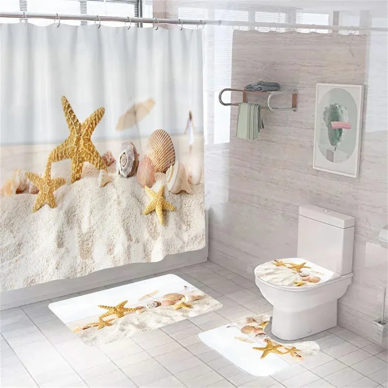 Tende da doccia Stampa Conchiglia Stelle marine Tende da doccia Ocean Beach Tappetino da bagno Set Tenda da bagno impermeabile Poliestere Tappetino antiscivolo Tappetini da toilette 231025