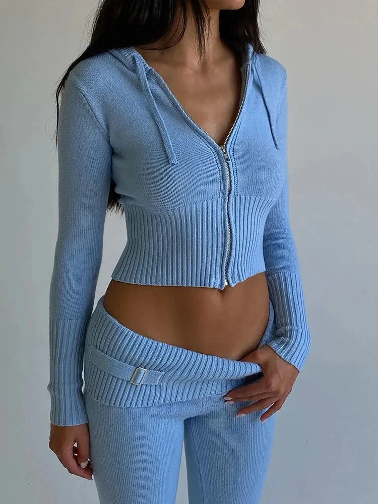 Women's Two Piece Pants Solid Knitted 2 Piece Sets Women Tracksuit Long Sleeve Zipper Hooded Sweater Jackets Crop Top Flare Pants Stretchy Matching Suit 231026