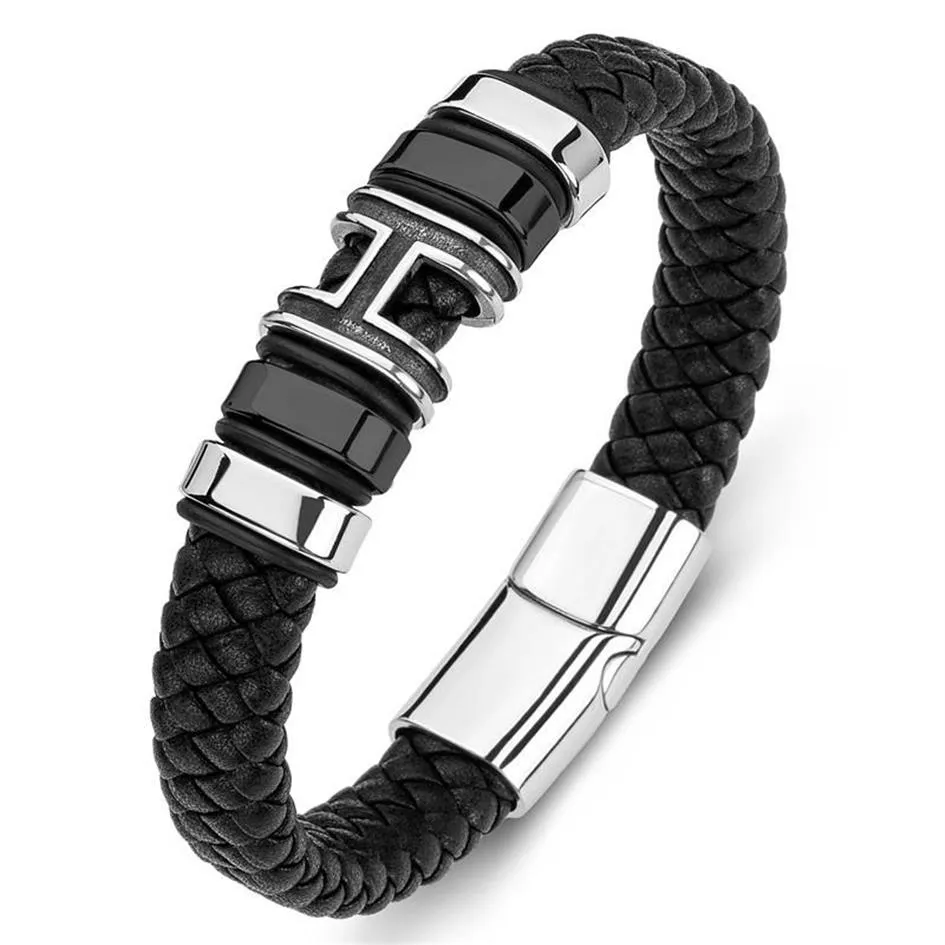 Charm Armbanden Mode Punk Mannen Armband Gevlochten Lederen Hand Armbanden Rvs Letter H Magnetische Sluiting Polsband Party Jew230U