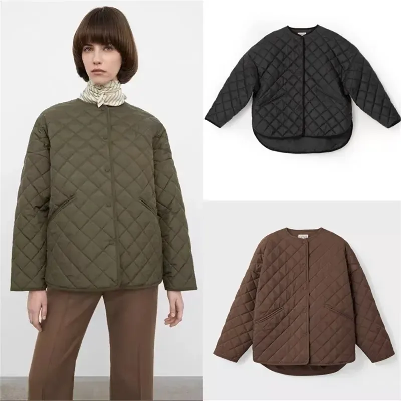 2024 Las chaquetas para mujeres tienen una capa de tótema de invierno diseño de botón de textura de diamantes con cuello redondo suelto de algodón 221019