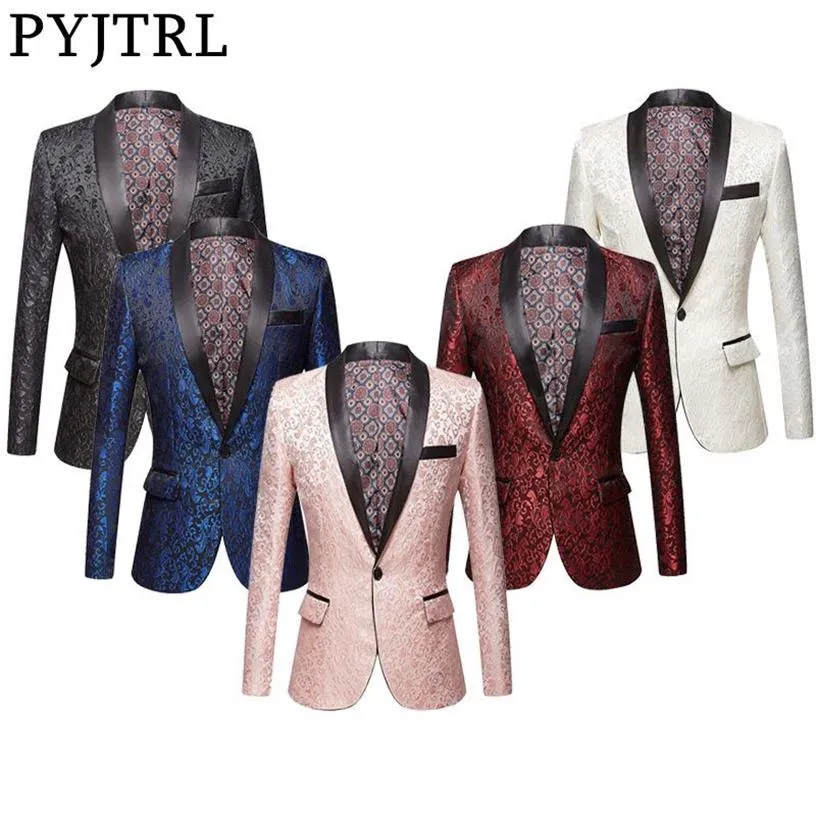 PYJTRL Uomo Rosa Blu Royal Borgogna Floreale Jacquard Giacca da sposa Sposo Prom Slim Fit Tuxedo Party Cena Cantanti Blazer 20296t