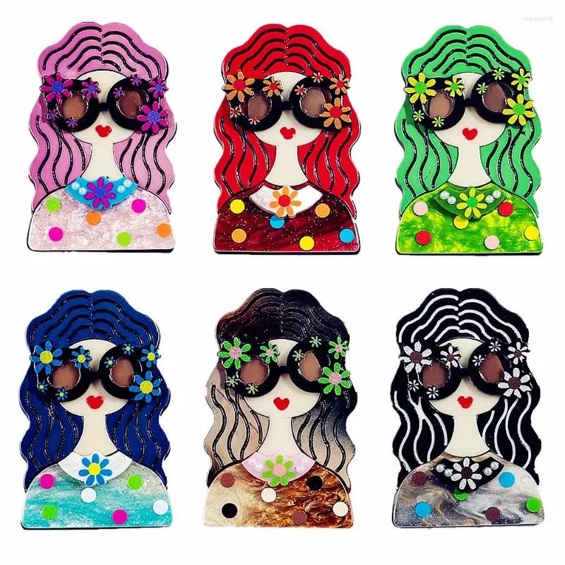 Broches coloridos de cabelo longo menina acrílico pino para mulheres bonito flor óculos meninas broche crachá acessórios de jóias casuais