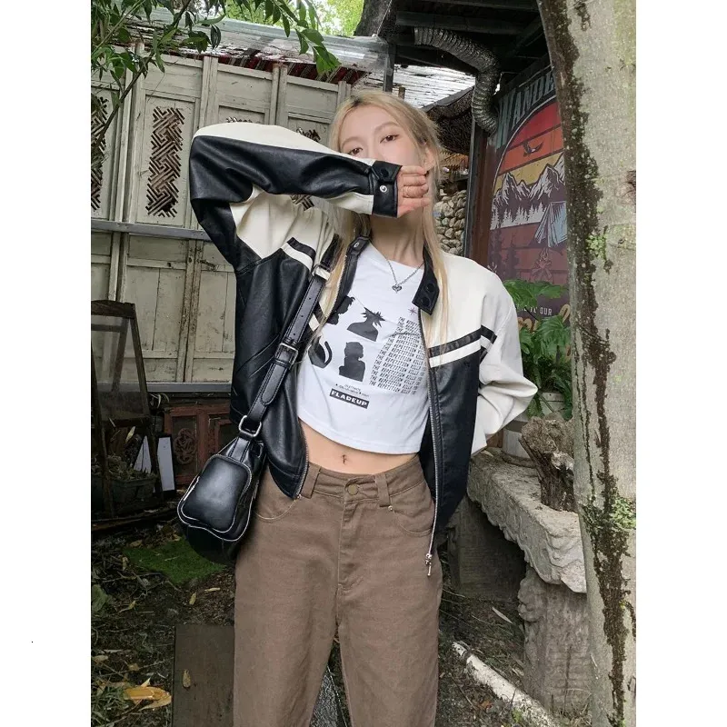 Womens Faux Leather Cropped Jacket Y2K Vintage Racing Moto