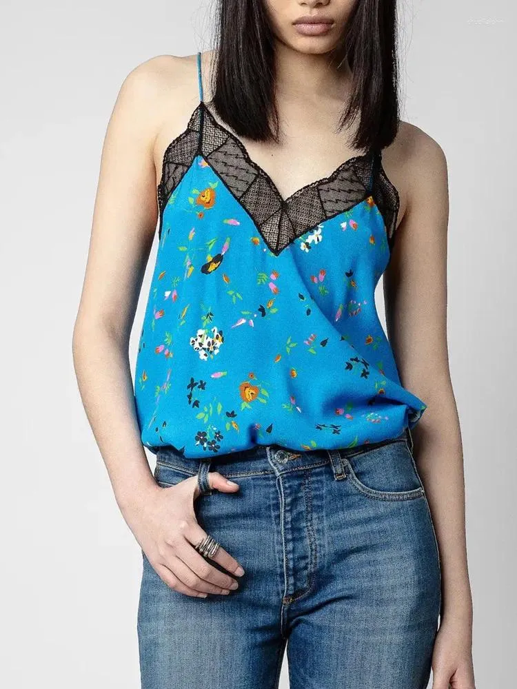 Dames Tanktops Viscose Camis Dames Blauw Bloemenprint Kant Stiksels Mouwloos V-hals Sexy Dames Sling Top 2023 Lente Zomer