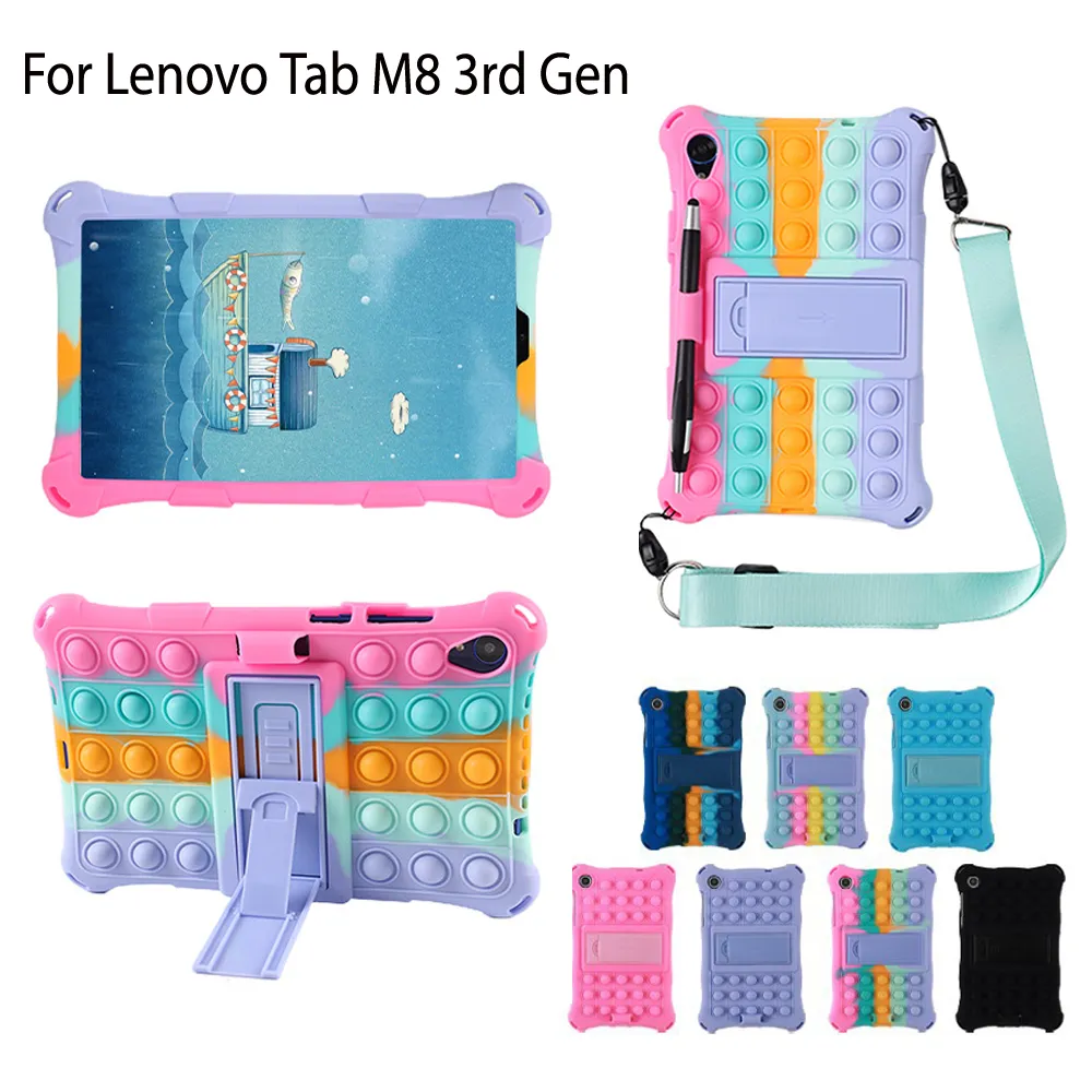 Custodia a bolle push antistress in silicone morbido per Lenovo Tab M8 8.0 pollici 3rd 4th Custodia antiurto per tablet per bambini con spallacci per penna stilo