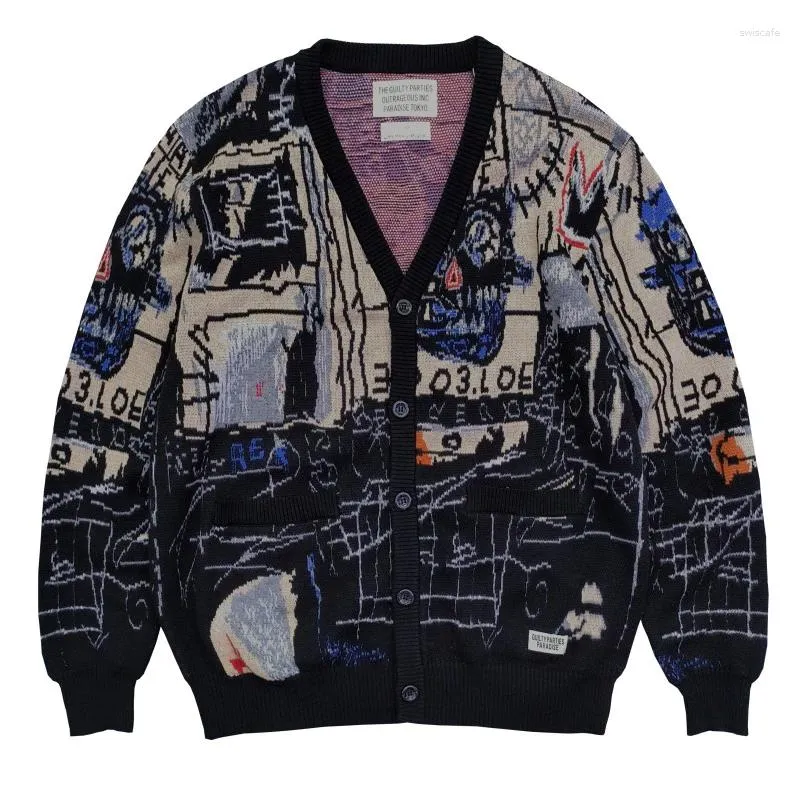 Męskie swetry streetwearu Wacko Maria Knitted Sweter Mężczyźni Kobiety 1: 1 Button Graffiti Jacquard Casual Oversize Black V-Neck Cardigan