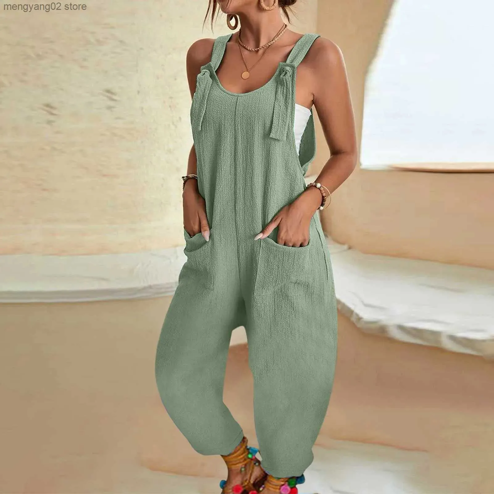 Frauen Hosen Capris Strampler 2023 Neue Marke Frauen Casual Lose Feste Taschen Overall Overalls Breite Bein Hosen Sommer Ärmellose Overalls T231026