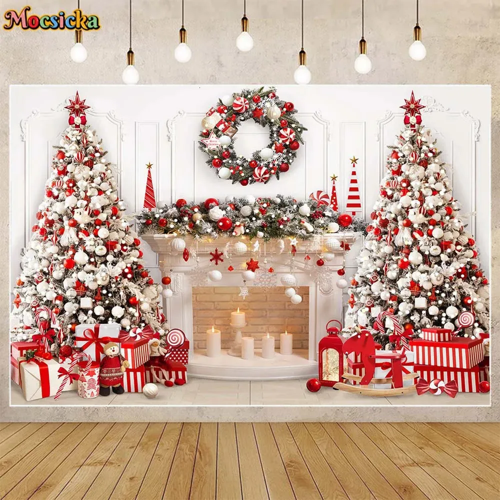 壁のステッカーMocsicka White Christmas Backdrop Xmas Tree Fireplace Baby Kids Pograph Propograps Family Portrait Po Backdrops Pocall 231026