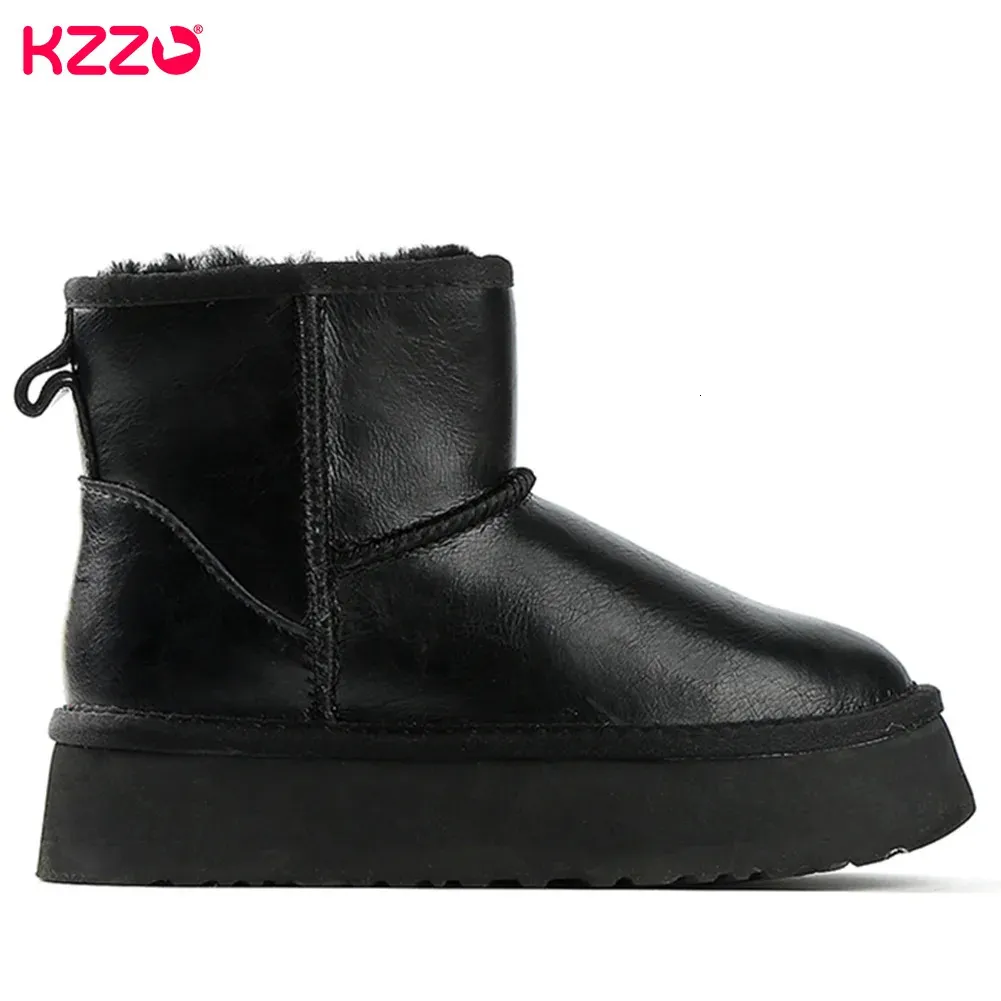 Boots KZZO Fashion Women Ankle Platform Snow Boots Waterproof Genuine Leather Natural Wool Lined Casual Thick Sole Winter Warm Shoes 231026
