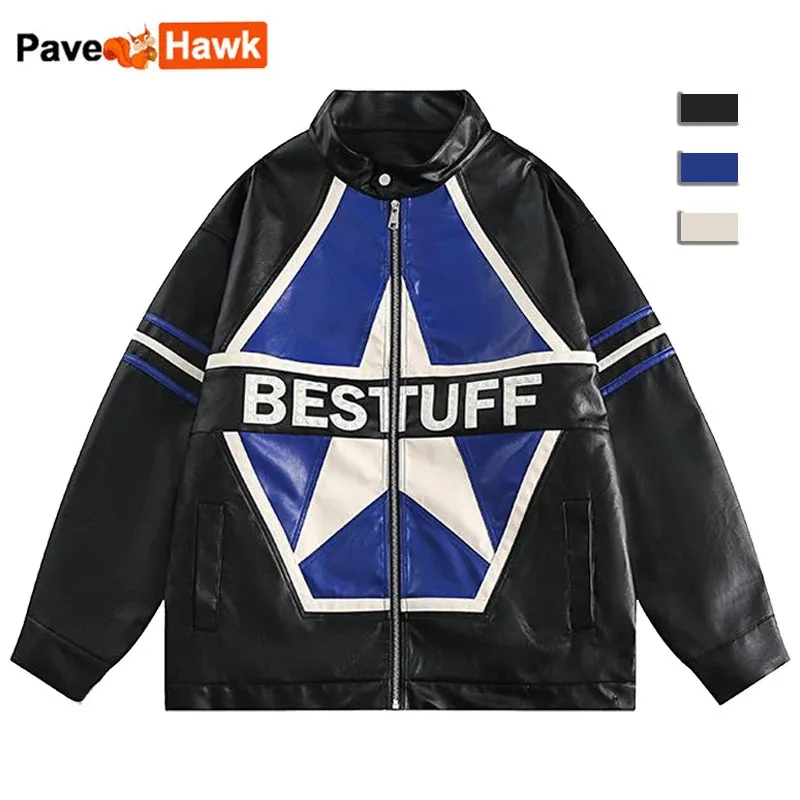 Men's Leather Faux Leather Bomber Leather Jackets Men Women Star Patchwork High Street Autumn Oversized Y2k PU Baseball Coat Vintage Print Outwear Couple 231026