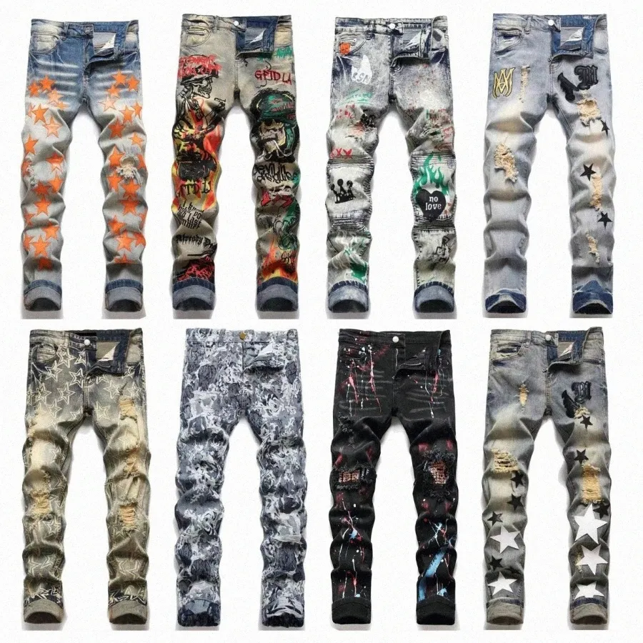 Tasarımcılar Erkekler için Erkek Pantolon Bikter Nakış Yırtıcı Pantolon Yamalı Yama Deliği Denim Düz Street Giyim İnce Amiriis Jeans