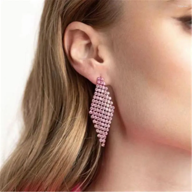 Boucles d'oreilles pendantes en forme de losange rose, strass délicats, bijoux de déclaration pour femmes, cristal brillant géométrique large