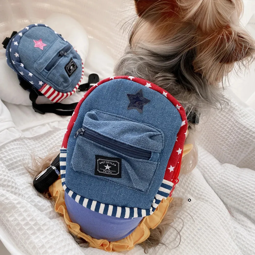 Hundkläder Cat S Houses Star Stripe Denim Blue Pet Puppy Ryggsäck ut vandringssele med koppel Set Dog Small Animal Cat Yorkshire Travel Påsar 231025