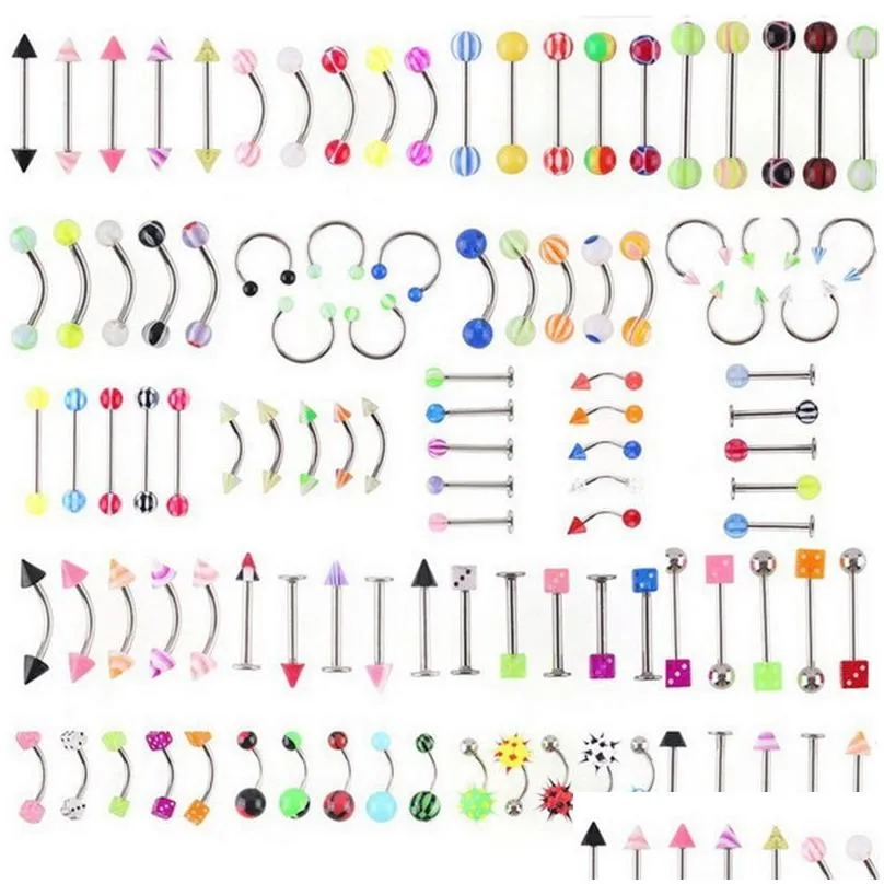 Navel Bell Button Rings Wholesale Promotion 110Pcs Mixed Models/Colors Body Jewelry Set Resin Eyebrow Belly Lip Tongue Nose Piercing B Dhutx