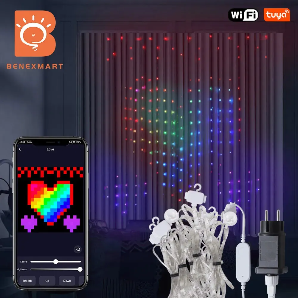 Benexmart Tuya WiFi DIY Gordijnlicht 400 Leds RGB Fairy Dream Color Strip 2M2M voor Kerst Bruiloft Slaapkamer Decor 231026