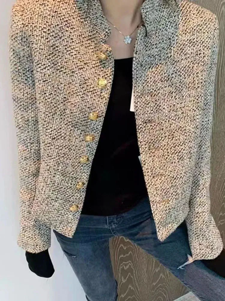 Giacche da donna Zoki Office Lady Giacca in tweed dal design elegante Moda Colletto rialzato Cappotto in lana sintetica Donna Capispalla monopetto a maniche lunghe 231026