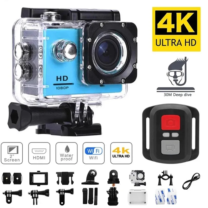 Câmeras à prova de intempéries Mini câmera de ação 4K Video Shooting Sport 1080P30FPS WiFi Tela de 20 polegadas 170D Subaquático Impermeável Capacete Remoto 231025