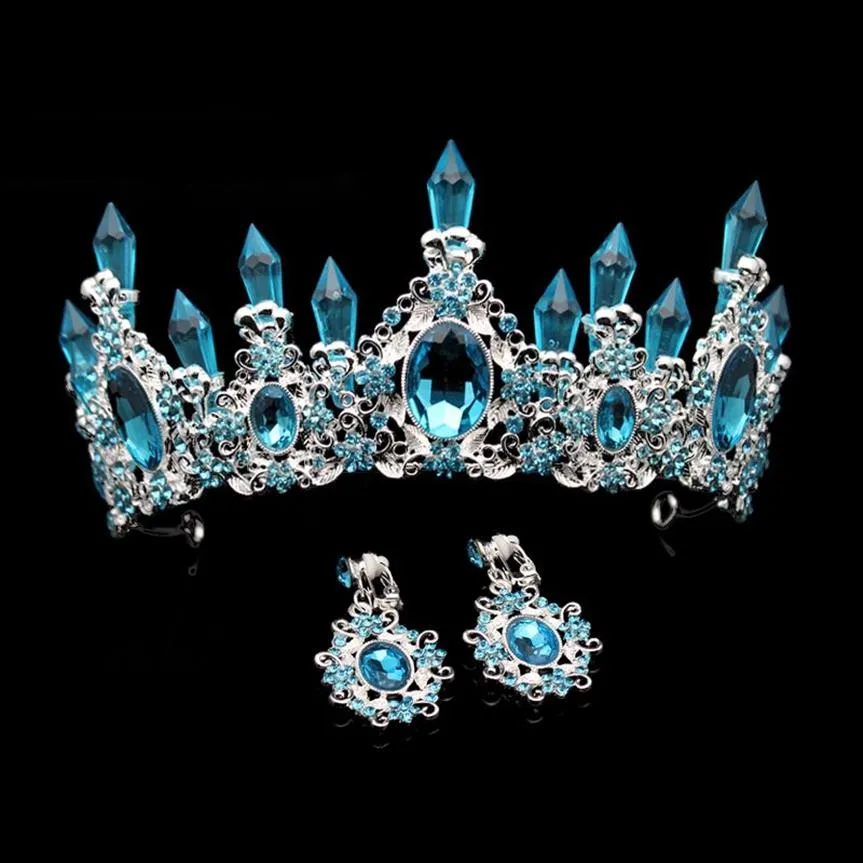 Fashion Beauty Sky Blue Crystal Wedding Crown och Tiara Large Rhinestone Queen Pageant Crowns Pannband för brud hårtillbehör Y2305B