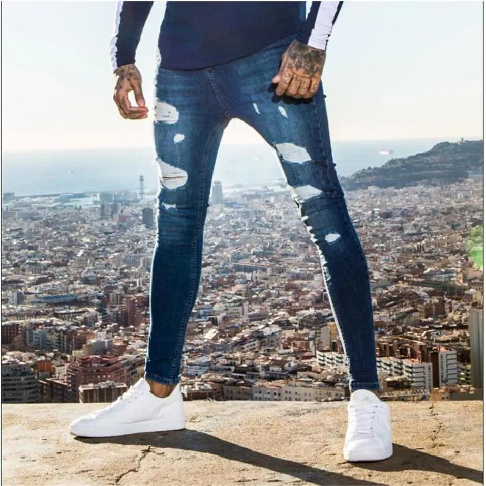 Ebaihui estiramento rasgado calças dos homens cor sólida jean nova moda magro lápis calças sexy casual buraco rasgado design streetwear jeans 1227l