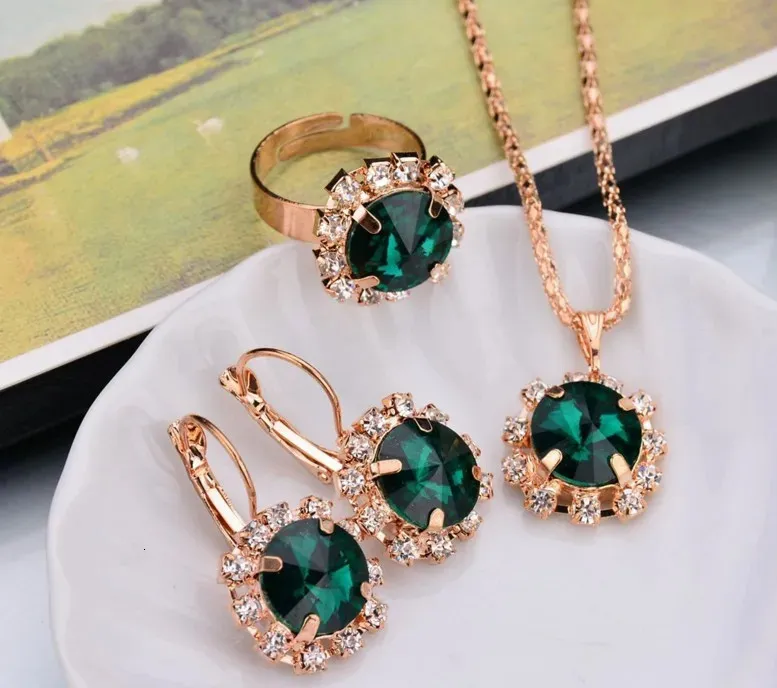 Wedding Jewelry Sets Fashion Jewelry Set for Women Round Crystal Pendants Earrings Ring Sets Bridal Decoration Colorful Three Piece Gifts Conjunto 231025