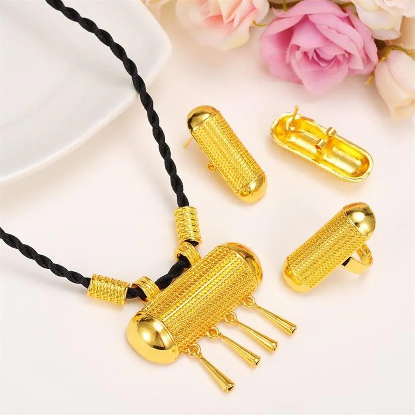 Ultimi orecchini etiopi tradizionali set di gioielli Orecchini a sospensione anello a sospensione 24k giallo pieno zeppo di Eritrea Women's Fashion Habesh328r