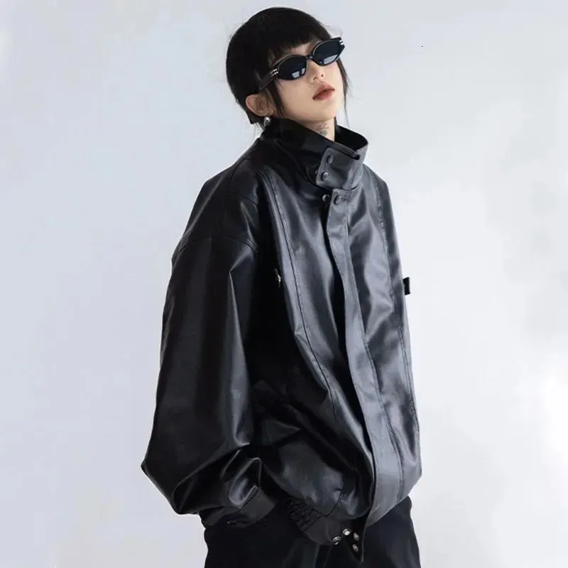 Y2K Faux Leather Jacket Womens Harajuku Turtleneck Long Sleeve