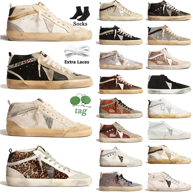 Women Mens Mid Star Casual Sneakers Leather Upper Platform Trainers Vintage Italy Handmade White Black Silver Glitter Pink White
