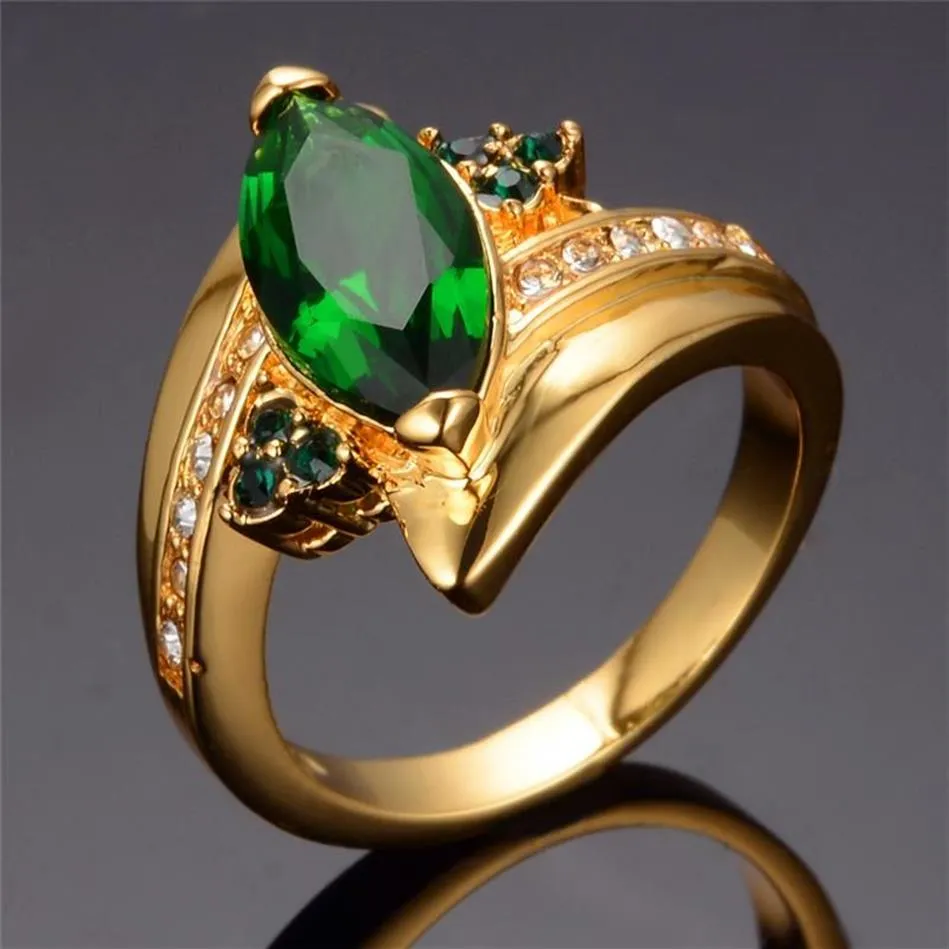 Eheringe Luxus Weibliche Grüne Kristall Stein Ring Vintage Gelbgold Dünn Für Frauen Charme Blatt Zirkon Engagement253U