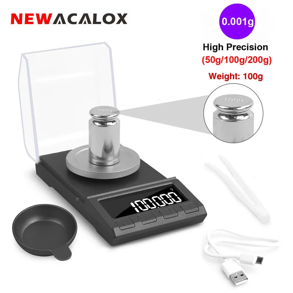 Balanças domésticas ACALOX Digital Milligram Jewelry Scale 0001g Precisão Eletrônica 200g100g50g Pó de recarga de laboratório portátil 231026