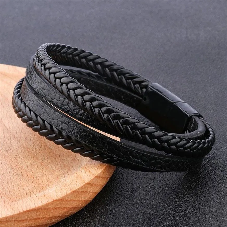 Bracelets porte-bonheur en cuir véritable à la mode pour hommes, corde tressée multicouche en acier inoxydable, bijoux 264V