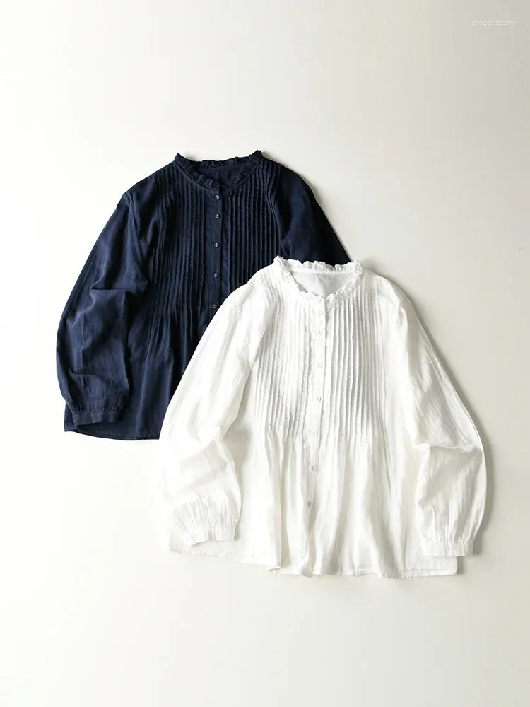 Blusas femininas gola babados camadas duplas fio de algodão plissado solto único breasted camisa blusa 2023 outono mori