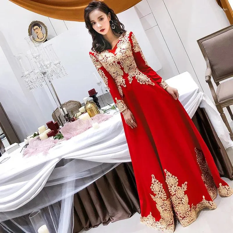 Etnik Giyim Uzun Kollu Kırmızı Doğu tarzı Elbiseler Çin Gelin Vintage Geleneksel Düğün Cheongsam Elbise Qipao Boyut XS-3XL