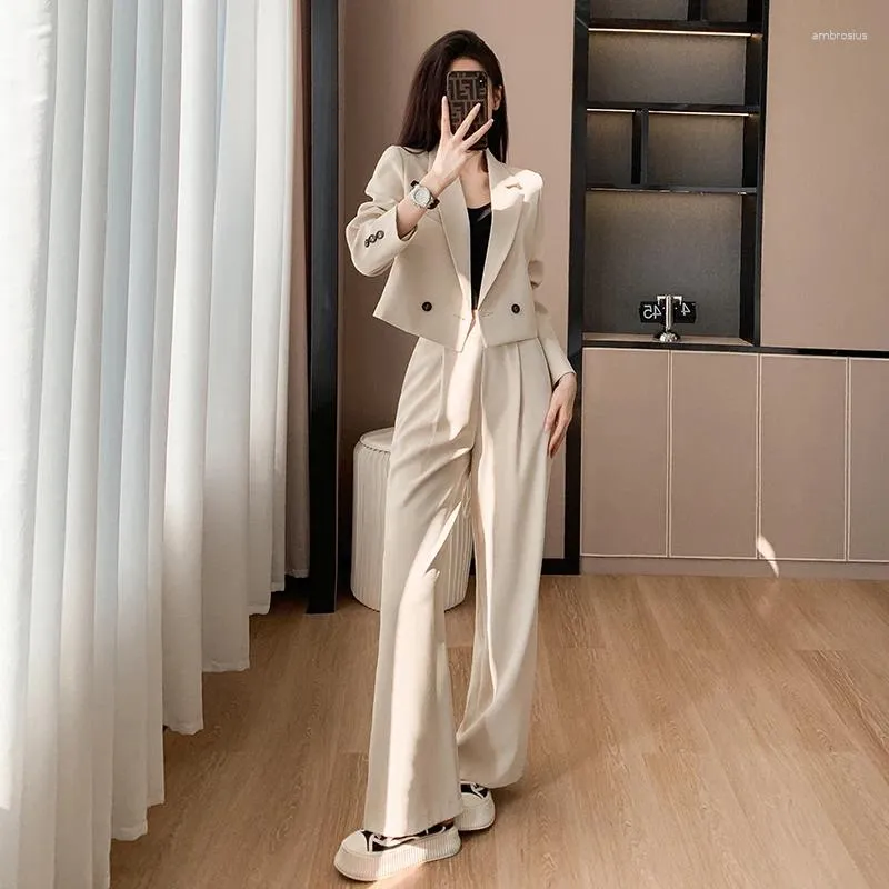 Kvinnors tvåbitar byxor koreanska mode svarta kostymer för kvinnor 2023 kontor damer långärmad dubbelbröst skörd blazer chic lös byxa
