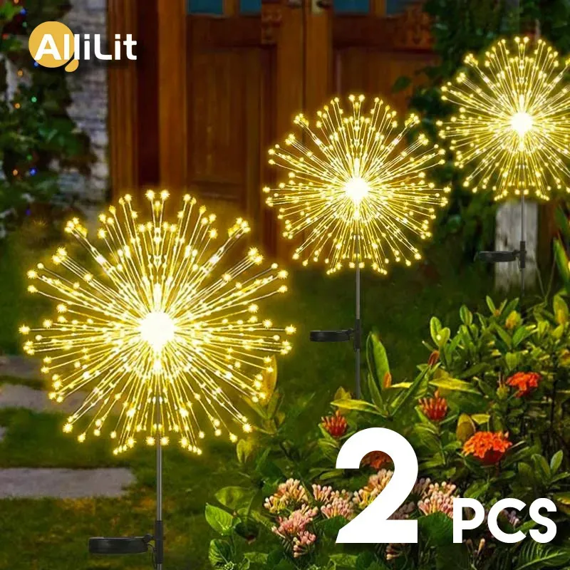 Garden Decorations Allilit 2st LED Solar Fireworks Ljus Vattentät utomhus Dandelion Flash String Fairy For Landscape Lawn Decor 231026