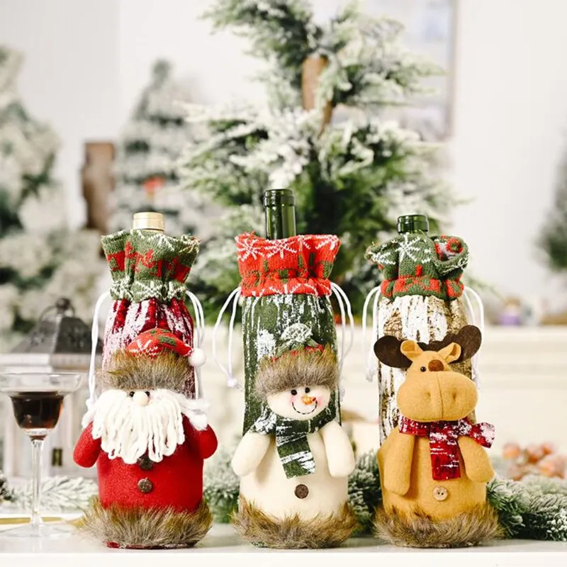 Christmas Decorations Christmas Wine Bottle Cover Santa Claus Snowman Deer Bottles Cover Bags Knitted Sleeve Dining Room Table Home Decor