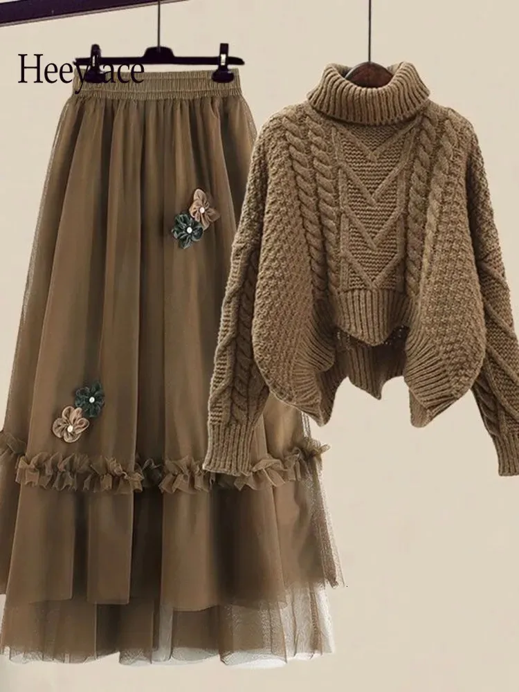 Robe deux pièces Automne hiver Vintage deux pièces ensembles femmes tenue dames chaud épais torsion col roulé tricoté pull en maille jupe ensemble femmes vêtements 231026
