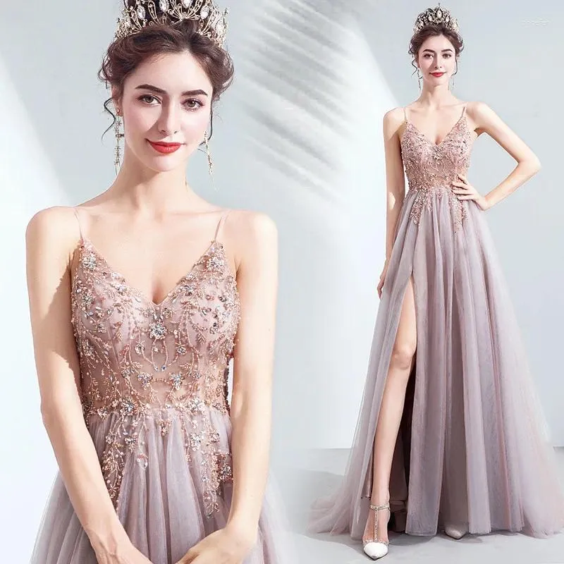 Ethnische Kleidung für die Braut, elegant, mit Pailletten, Perlen verziert, langes Tüll-Abschlussball-Partykleid, luxuriöses, sexy Spaghettiträger mit hohem Split-Ball