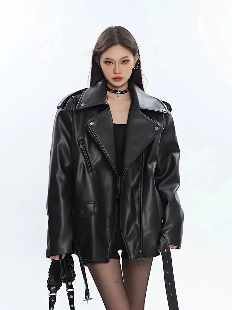 American Retro Faux Leather Leather Coat Women For Women