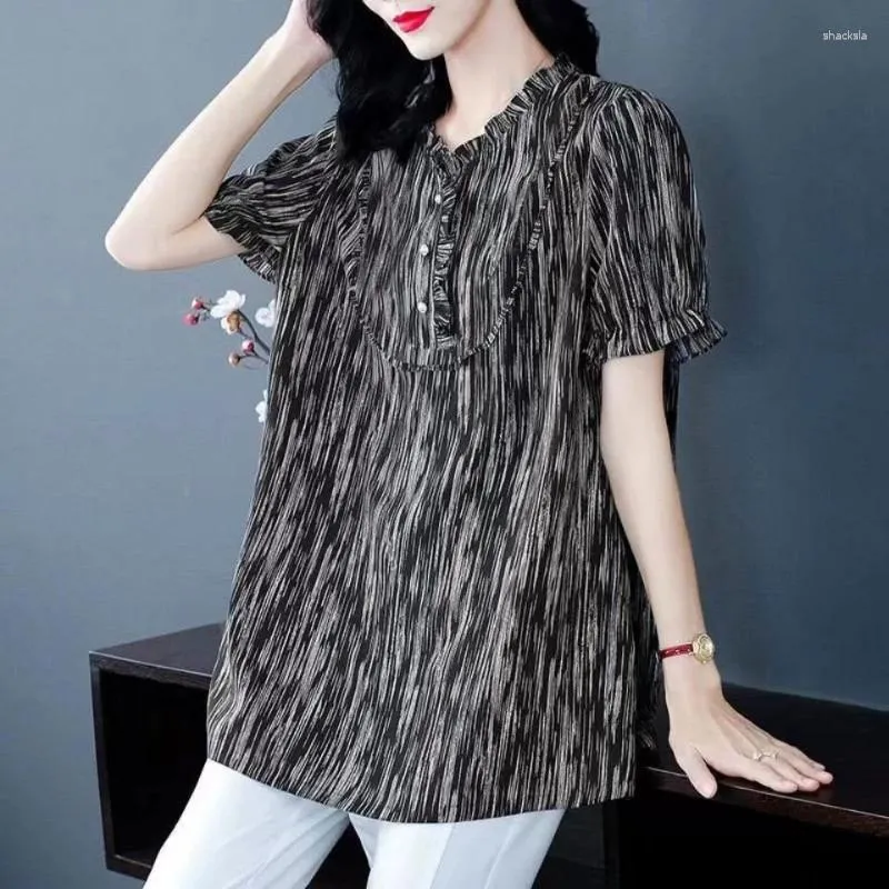 Kvinnors T-skjortor Spring och sommar överdimensionerade kläder Kort ärm Löst V-Neck Solid Color Printed Commute Korean Version Topps Blus