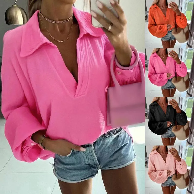 Kvinnors blusar Casual Lantern Sleeve Shirts For Women Spring Autumn Lapel V Neck Elegant Ladies Office Work Blus Solid Pink Tops Blusa