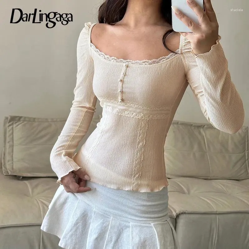 T-shirt da donna French Chic Collo quadrato T-shirt da donna Y2K Lace Trim Volant Autunno Magliette Coquette Vestiti Perla Fairycore Top Carino