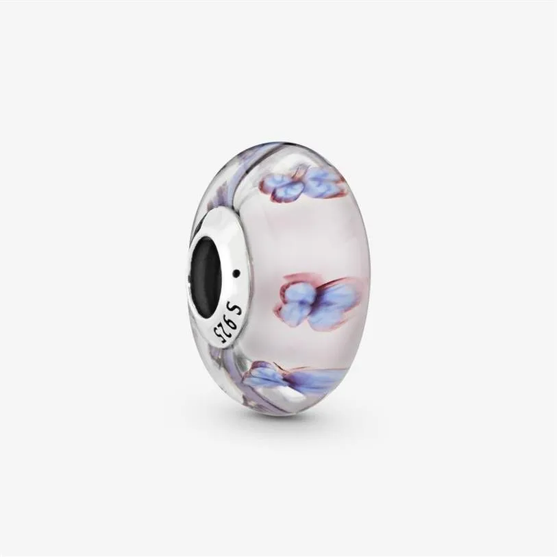 Nowy przylot 925 Sterling Srebrny Butterfly Pink Murano Glass Charm Fit Fit Oryginalny Europejski Urok Bransoletka Modna Akcesoria 316J
