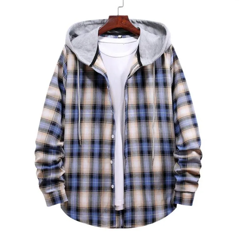 Men Casual Shirts Long Sleeve Hoodie Jacket Plaid Button Down Flannel Loose Shirts Plus Size Fashion341Z