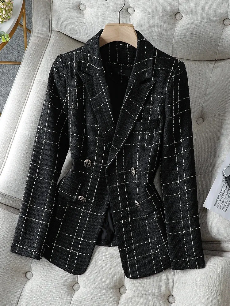 Abiti da donna Blazer Nero Bianco Plaid Ladies Casual Blazer Donna Autunno Inverno Manica lunga Doppio petto Giacca 231023