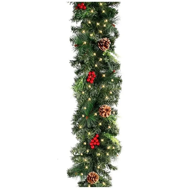 クリスマスの装飾1827m照らされたガーランドのLEDライトラタンベリーパインコーンガーランド装飾木の暖炉壁231025