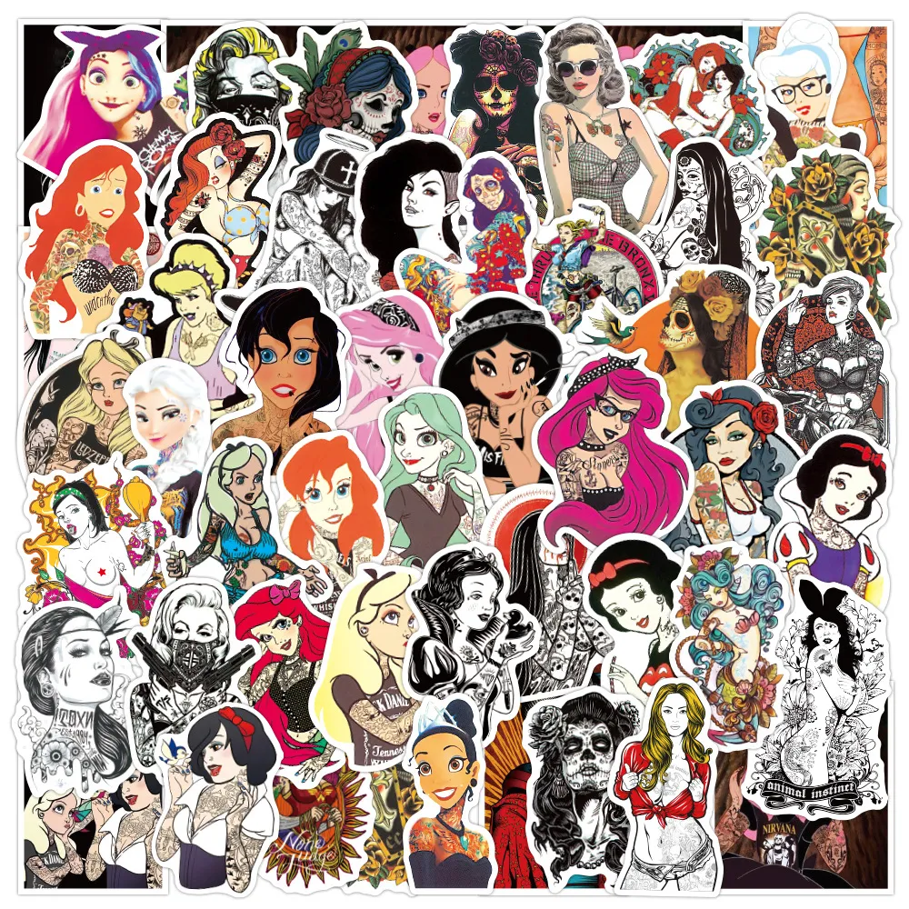 50Pcs Retro Tattoo Girl Stickers Beautiful Girl Death Day Face Mask Graffiti Stickers for DIY Luggage Laptop Skateboard Motorcycle Bicycle Stickers