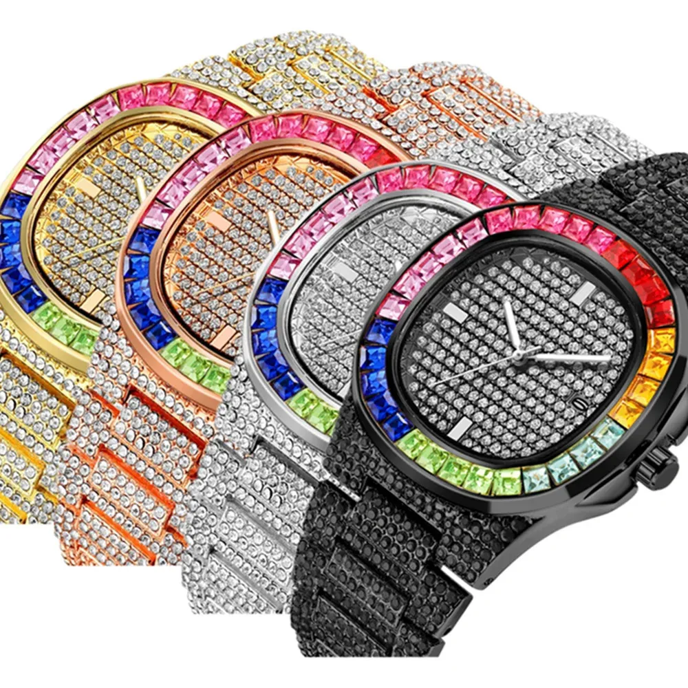 Relógios femininos luxo iced out relógios para homens luxo hiphop rapper ouro preto relógio masculino colorido bling strass calendário reloj hombre 231025