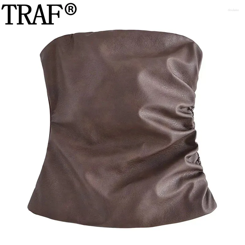 Women's Tanks 2023 Brown Faux Leather Top Women Off Shoulder Crop Woman Backless Sexy Corset Tube Female Sleeveless Bustier Tops