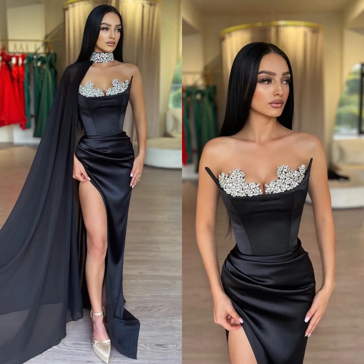 Robe de bal de forme sirène noire, Sexy, avec cape, col perlé, plis fendus, formelle, longue, pour occasions spéciales